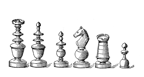 Antique old French engraving illustration: Chess pieces