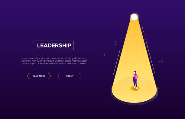 Leadership concept - modern isometric vector web banner Leadership concept - modern isometric vector web banner on dark blue background. High quality composition with a girl, businesswoman standing in the center of attention, lightened by the projector catching illustrations stock illustrations