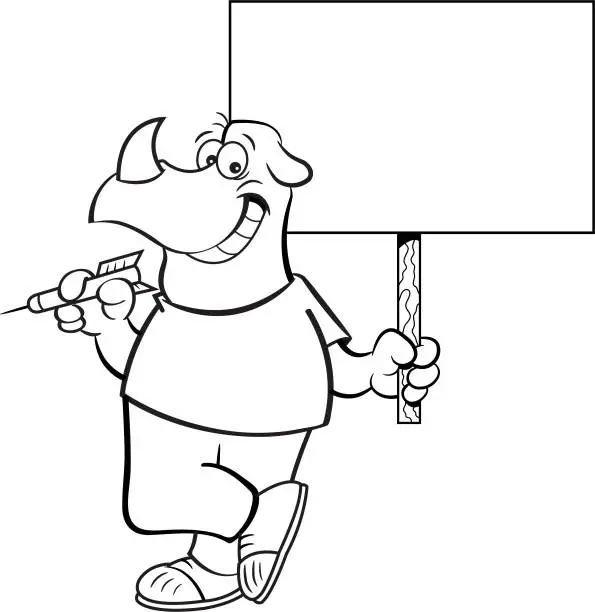 Vector illustration of Cartoon rhino holding a dart and a sign.