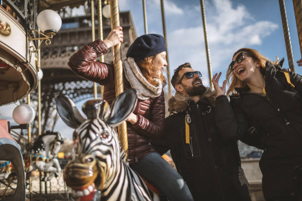 The Eiffel Tower with Carousel in Paris, France. Paris, France - 8 May 2017.
