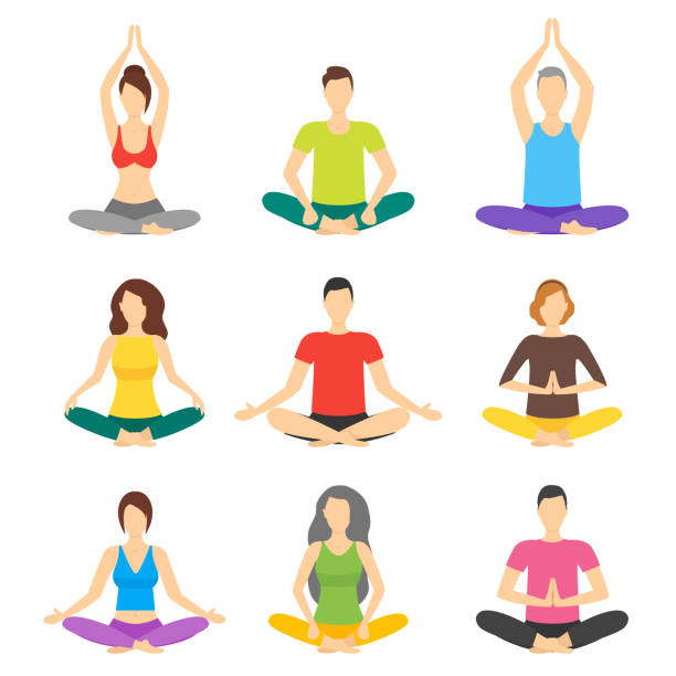 Cartoon Meditation People Signs Icon Set. Vector Cartoon Meditation Character People Signs Icon Set Meditating Concept Flat Design. Vector illustration of Zen or Calm Practice Person Icons yoga illustrations stock illustrations