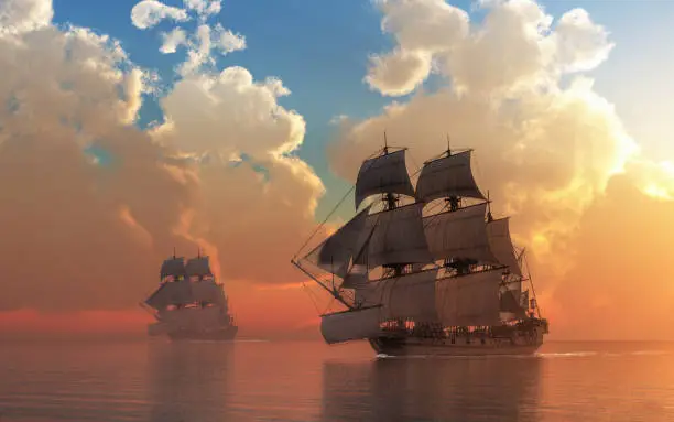 In this nautical scene of the 18th century, a pirate ship flying the Jolly Roger sails on calm seas towards the setting sun. 3D Rendering