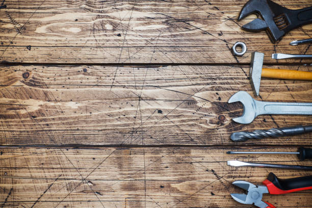 istock Set of different repair tools on wooden background with copy space. 1096043406