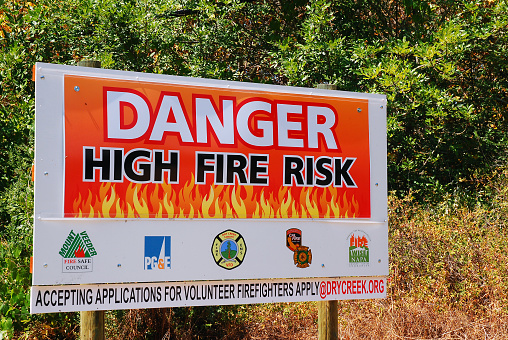 Napa, CA, USA August 20, 2013 A sign in the Napa Valley warns residents of the high wildfire danger in summer
