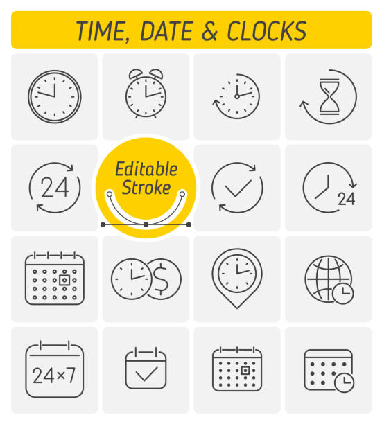 시계, 시계, 시간과 날짜 개요 벡터 아이콘 설정. - 시간대 stock illustrations