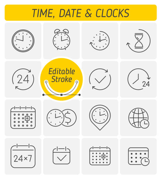 ilustrações de stock, clip art, desenhos animados e ícones de a clocks, watches, time and date outline vector icon set. - time and money