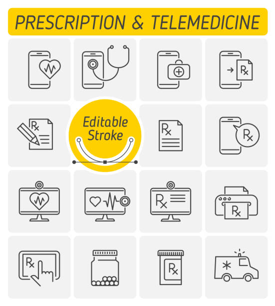 ilustrações, clipart, desenhos animados e ícones de medicina e telemedicina contorno icon set vector. - symbol healthcare and medicine prescription icon set