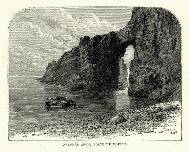 istock Natural arch rock formation, Porte De Moulin, Sark, 19th Century 1096045262