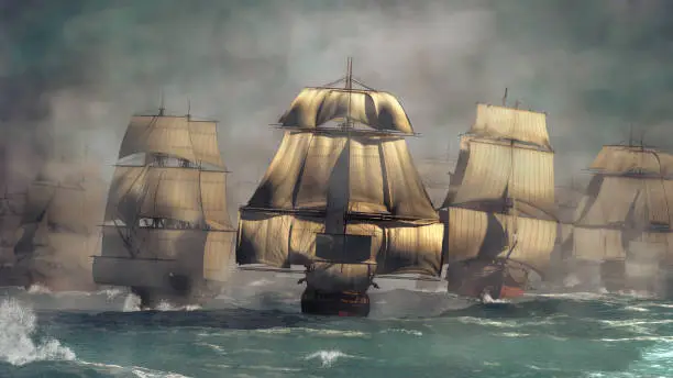 A fleet of heavily armed ships emerges from the fog. Led by the massive ship of the line HMS Victory, they create a forest of sails in the ocean that disappears into the distance. 3D Rendering