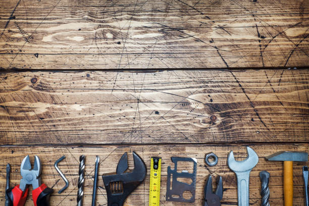 istock Set of different repair tools on wooden background with copy space. 1096048744