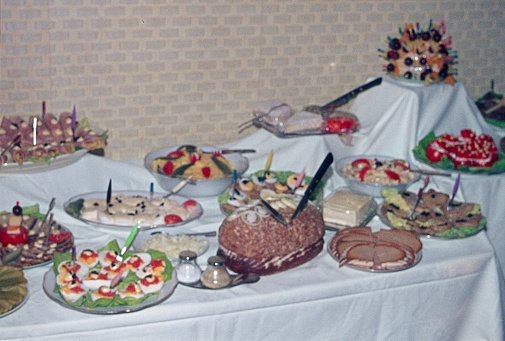 Frankfurt, Hesse, Germany, 1966. Old School New Year's Eve buffet.