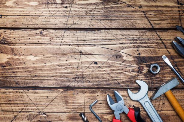 istock Set of different repair tools on wooden background with copy space. 1096053992