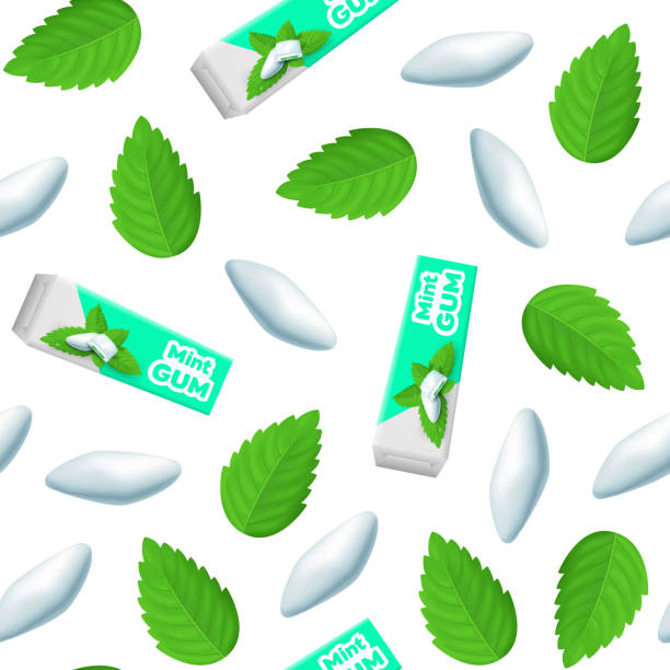 Realistic Detailed 3d Mints Gum Seamless Pattern Background. Vector Realistic Detailed 3d Mints Chewing Gum with Fresh Green Mint Leaves Seamless Pattern Background on a White Promotion and Advertising Concept. Vector illustration mint chewing gum stock illustrations