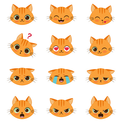 Set of cute cartoon ginger cat with various emotions
