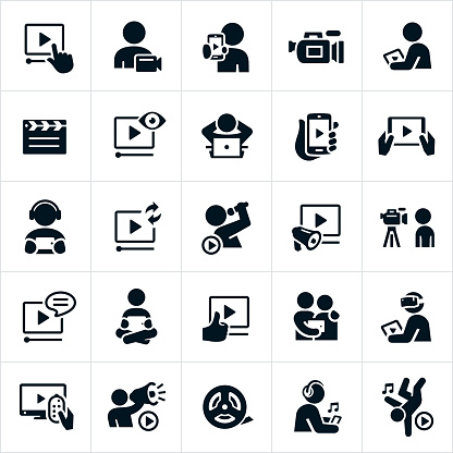 A set of video icons. The icons include people streaming video content on a tablet pc, smartphone, television and computer. The stremed content includes a singer and other forms of entertainment. Also included is a video camera, clapper board and film reel.