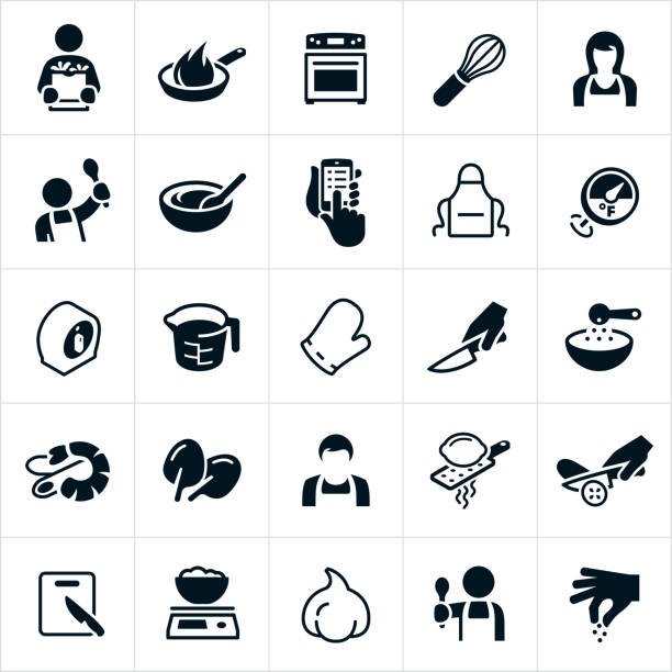 Cooking Icons A set of cooking icons. The icons include people cooking, cooks, chefs, diy, frying pan, cooking, stove, whisk, mixing bowl, recipe, apron, thermometer, timer, measuring cup, oven mitt, knife, cutting, food prep, ingredients, shrimp scampi, spinach, lemon zest, cutting board, food scale and garlic to name a few. chef symbols stock illustrations