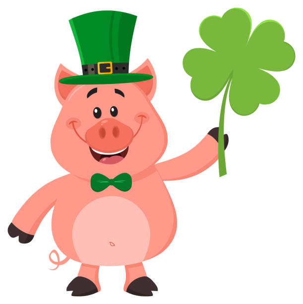 istock Happy Leprechaun Pig Cartoon Character Holding Leaf Clover 1096079098