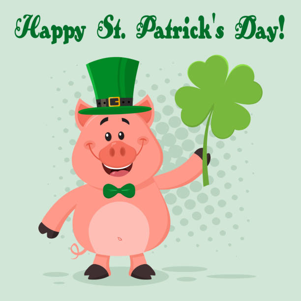 istock Happy Leprechaun Pig Cartoon Character Holding Leaf Clover 1096080264