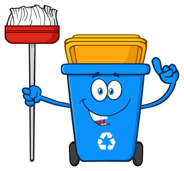 talking blue recycle bin cartoon maskotka charakter wskazujący na otwartą pokrywę - 11817 stock illustrations