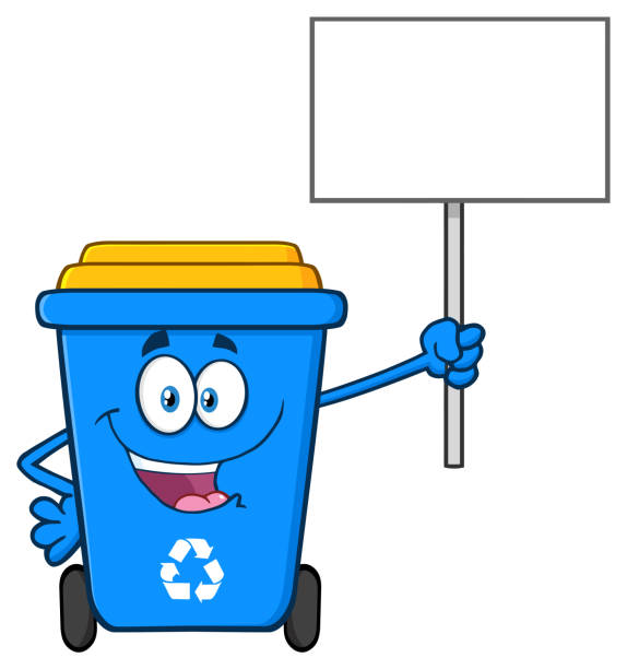 happy blue recycle bin cartoon maskottchen hält ein leeren zeichen - 11818 stock-grafiken, -clipart, -cartoons und -symbole