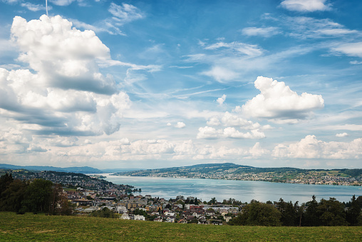 In the foreground you can recognize the village Freienbach. Beautiful landscape at lake Zurich in Switzerland.
