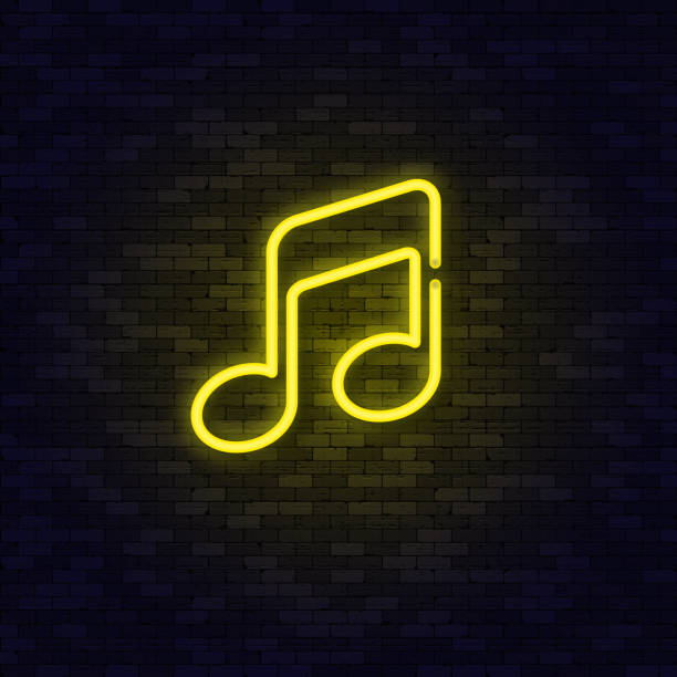 Neon Yellow music note on brick wall. Neon Yellow music note on brick wall. Vector illustration. neon music notes stock illustrations