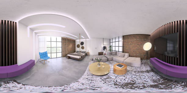moderno monolocale 360 interni panoramici equirectangulari - panoramica immagine foto e immagini stock