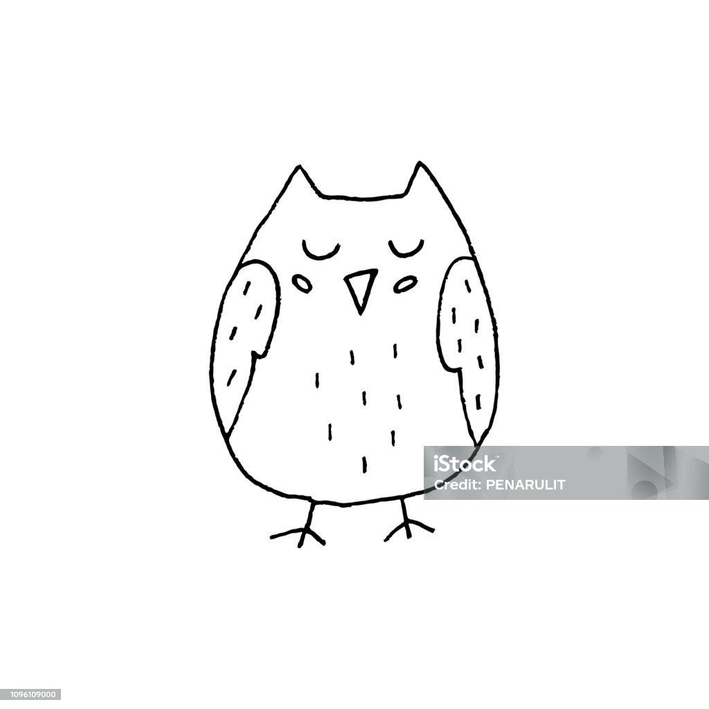 Cute Hand Drawn Owl Vector Illustration Cute cartoon hand drawn owl illustration. Sweet vector black and white owl illustration. Isolated monochrome doodle owl illustration on white background. Owl stock vector