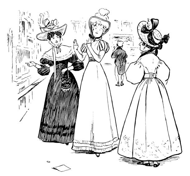 ilustraciones, imágenes clip art, dibujos animados e iconos de stock de tres damas victorianas discutir una pintura en una galería de imágenes - group of people art museum clothing lifestyles