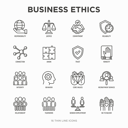 Business ethics thin line icons set: connection, union, trust, honesty, responsibility, justice, commitment, no to racism, recruitment service, teamwork, gender employment. Modern vector illustration.