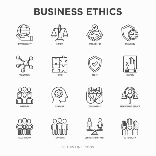 Business ethics thin line icons set: connection, union, trust, honesty, responsibility, justice, commitment, no to racism, recruitment service, teamwork, gender employment. Modern vector illustration. Business ethics thin line icons set: connection, union, trust, honesty, responsibility, justice, commitment, no to racism, recruitment service, teamwork, gender employment. Modern vector illustration. morality illustrations stock illustrations