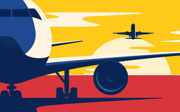 航空交通。旅客機の日没時のフラット スタイル ベクトル イラスト。 - travel backgrounds イラスト点のイラスト素材／クリップアート素材／マンガ素材／アイコン素材