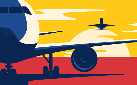 Air traffic. Flat style vector illustration of the airliners at sunset.