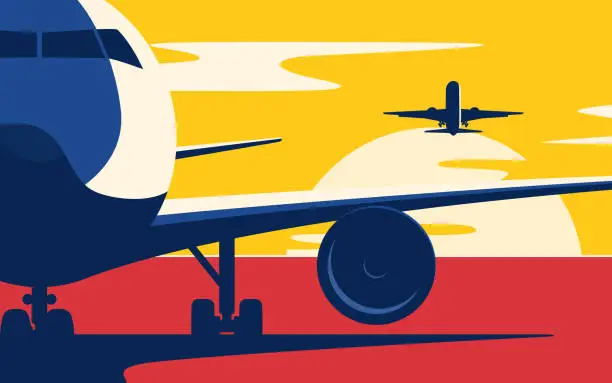 Vector illustration of Air traffic. Flat style vector illustration of the airliners at sunset.