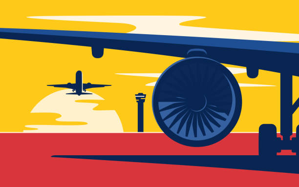 ilustraciones, imágenes clip art, dibujos animados e iconos de stock de despegue. planos estilo vector ilustración de los aviones de pasajeros al atardecer en el aeropuerto. - takeoff