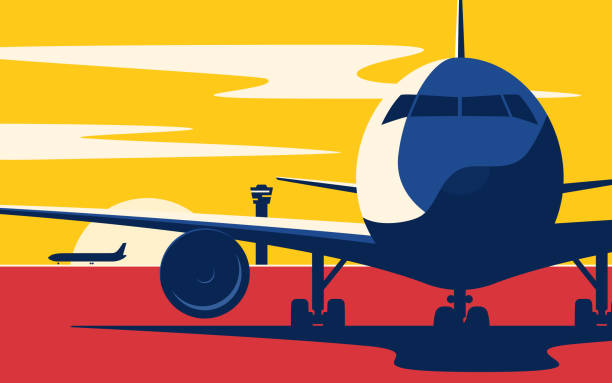On a taxiway. Flat style vector illustration of the airliner at sunset at the airport.