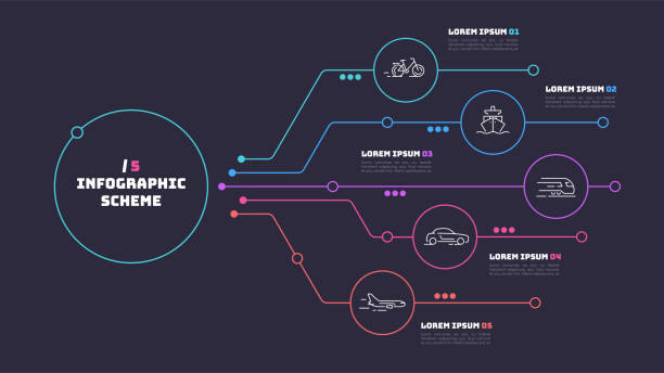 ilustrações, clipart, desenhos animados e ícones de esquema de infográfico de linha fina com 5 opções. modelo de vetor para web, apresentações, relatórios e visualizações. - escorrer