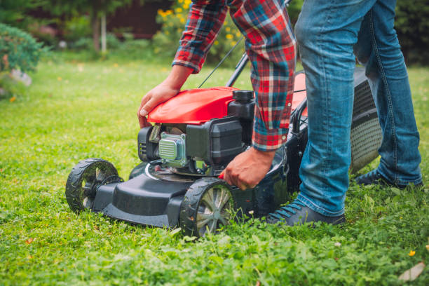 istock Man checking a lawn mower in his back yard 1096126440