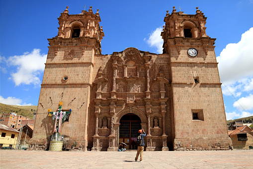 Traveler Photographing the Cathedral Basilica of St. Charles Borromeo or Cathedral of Puno, Peru, South America