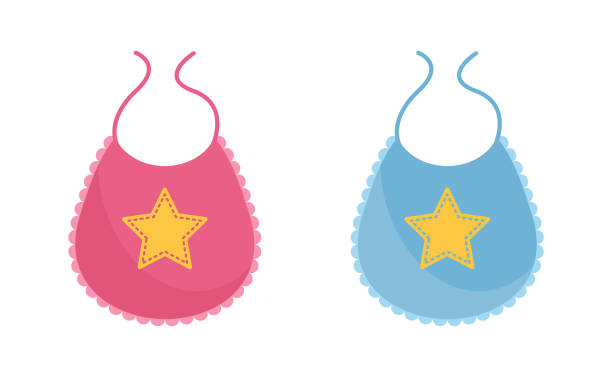 Baby bib vector illustration set - pink and blue newborn wearing decorated with yellow star. Baby bib vector illustration set - pink and blue newborn wearing decorated with yellow star isolated on white background. Infant clothing for feeding of boys and girls in flat style. baby bib stock illustrations