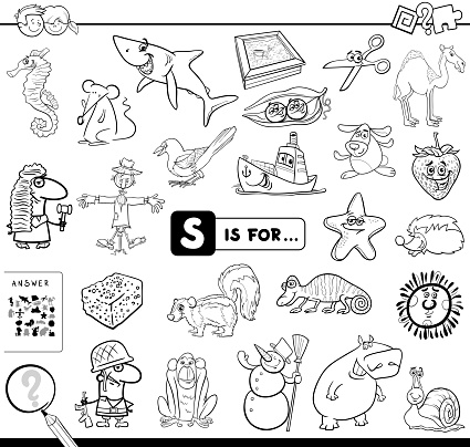 Black and White Cartoon Illustration of Finding Picture Starting with Letter S Educational Game Workbook for Children Coloring Book