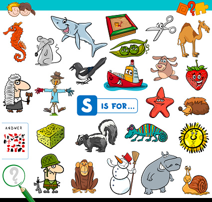 Cartoon Illustration of Finding Picture Starting with Letter S Educational Game Workbook for Children