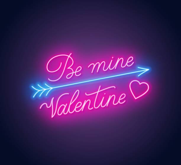 Be mine Valentine neon lettering dark background. Be mine Valentine neon lettering dark background. .Greeting card. Vector illustration. glow in the dark hearts background stock illustrations