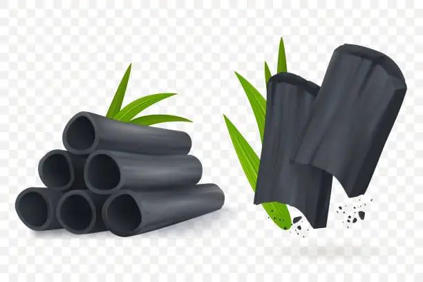 Vector illustration of Bamboo charcoal vector illustration. Realistic Cosmetic charcoal isolated on transpartent background. Pieces of activated carbon. Natural component. Eps 10.