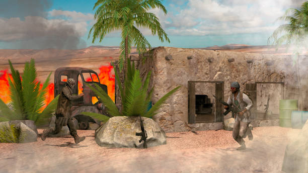istock War scene, Islamic rebels, Middle Eastern landscape. Terrorism, terrorist attack. 1096160092