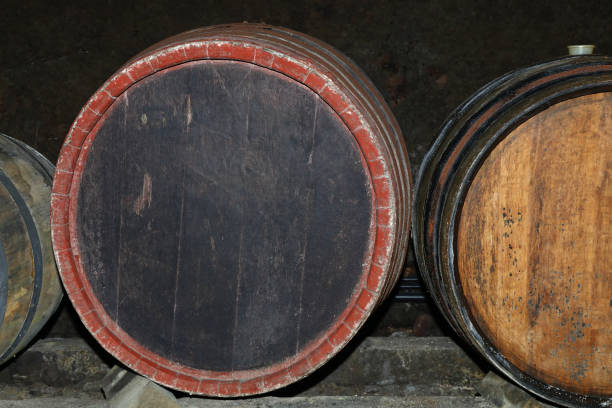 istock Rows of oak wood wine barrels in winery cellar 1096165882