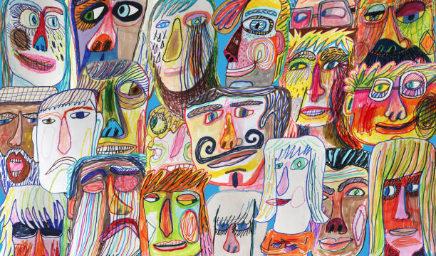 ilustrações, clipart, desenhos animados e ícones de multidão de pessoas brilhantes e coloridas padrão de fundo - happy sad face man