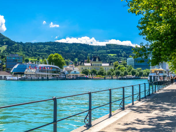 Lake Constance, Bodensee promenade view in Bregenz, Austria Bregenz, Austria - June 24, 2015: Lake Constance, Bodensee promenade view on a sunny summer day bregenz stock pictures, royalty-free photos & images