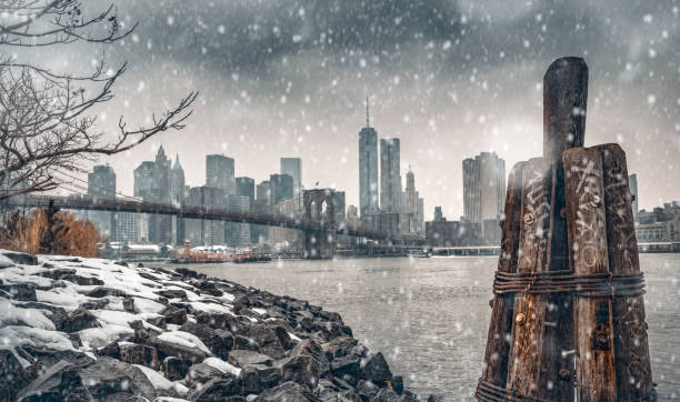 istock Brooklyn Bridge and East river under heavy snow 1096186386