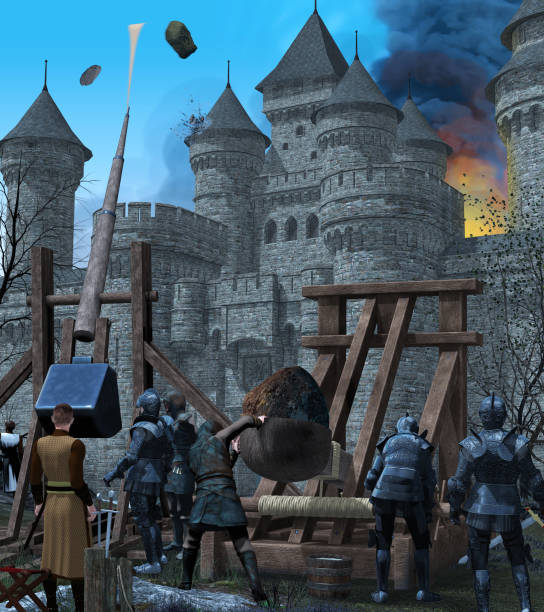 공격 받고 중세 성곽 도시 - slingshot weapon medieval siege 뉴스 사진 이미지